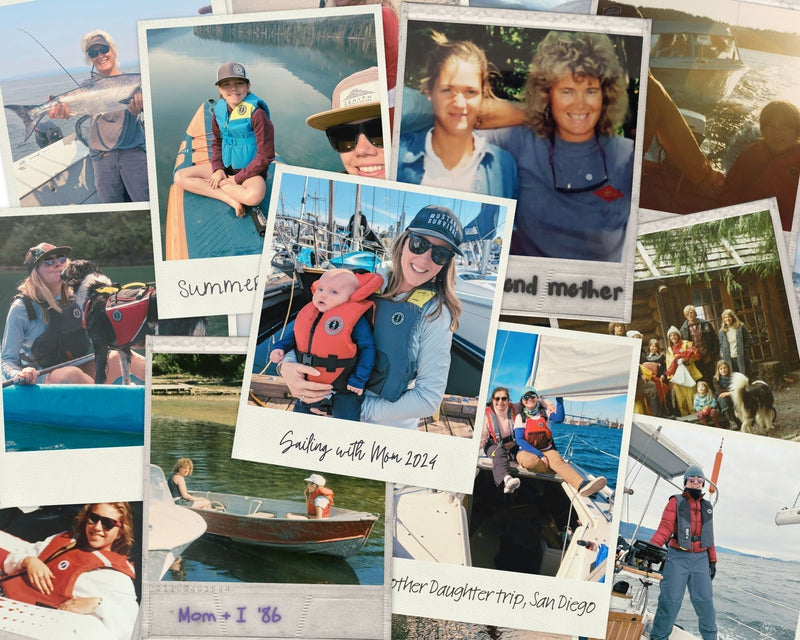A collage of multi-generational family photographs featuring mothers and daughters sailing, fishing, and boating.
