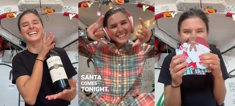 A three-panel image of Cole Brauer smiling, wearing plaid pajamas, and holding Christmas gifts inside First Light.