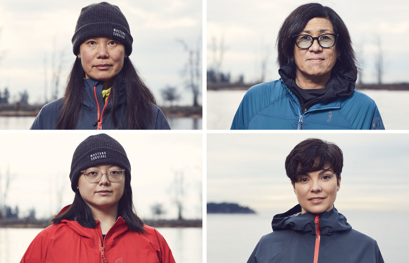 A four-panel collage of female Mustang Survival employees posing outdoors in marine apparel and beanies.