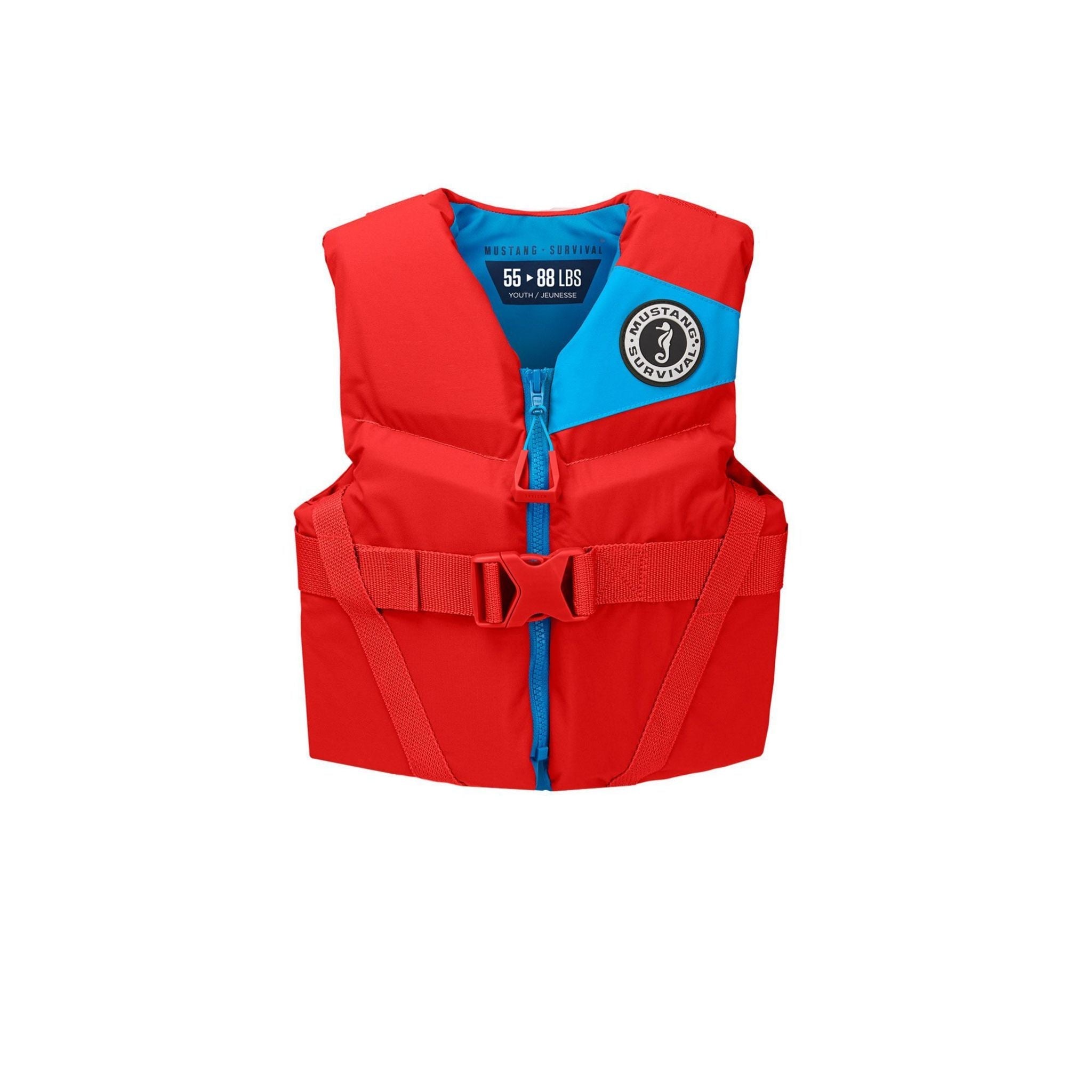 Front view of a red and blue Mustang Survival Rev child foam PFD vest on a white background.