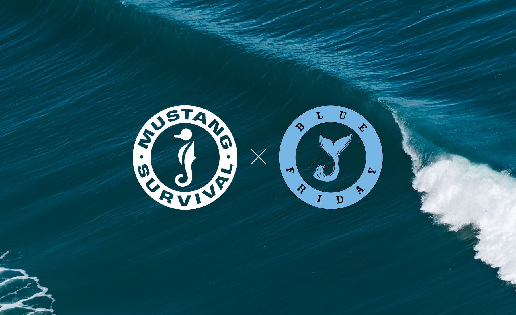 Mustang Survival and Blue Friday logos centered over a blue ocean wave, promoting 2025 Black Friday deals in Canada